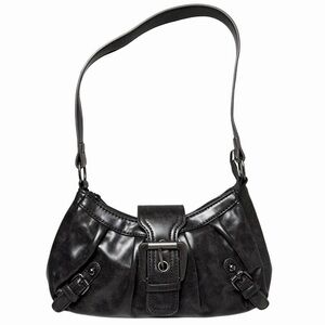 City Y2K Retro Grunge Slouchy Charcoal Faux Leather Buckle Hobo Shoulder Bag